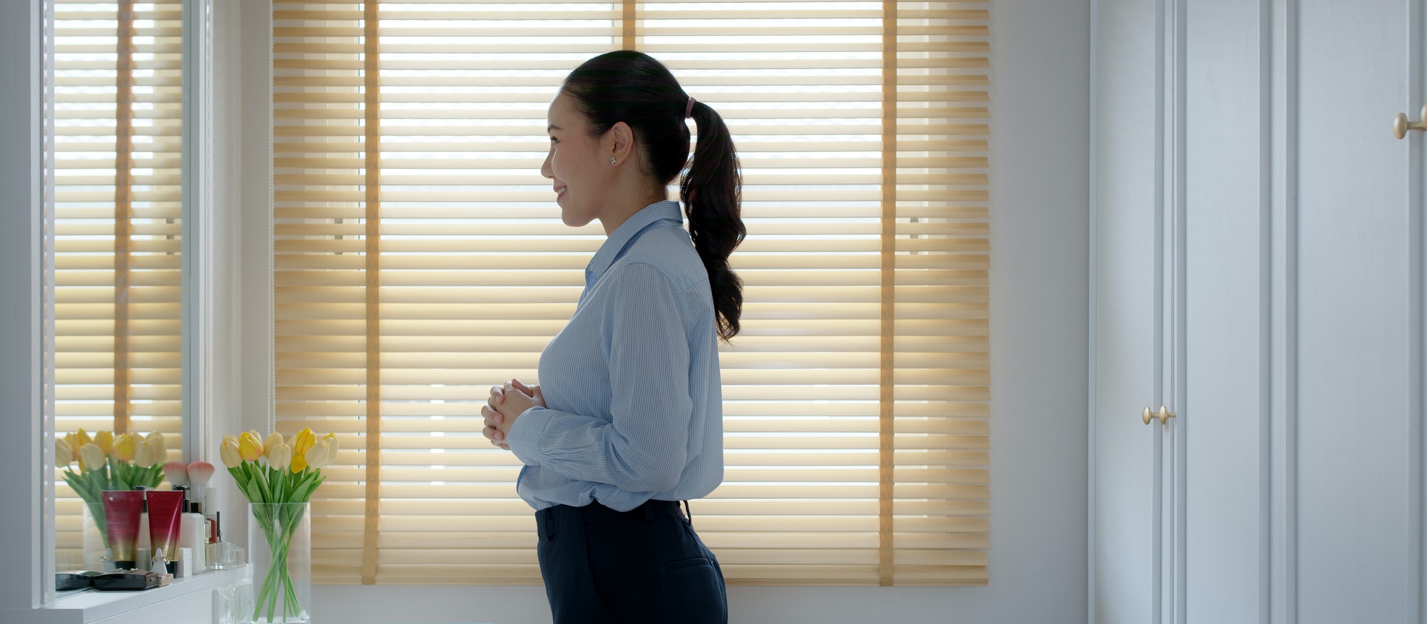 happy standing smile look at in front of mirror pep talk for sale pitch